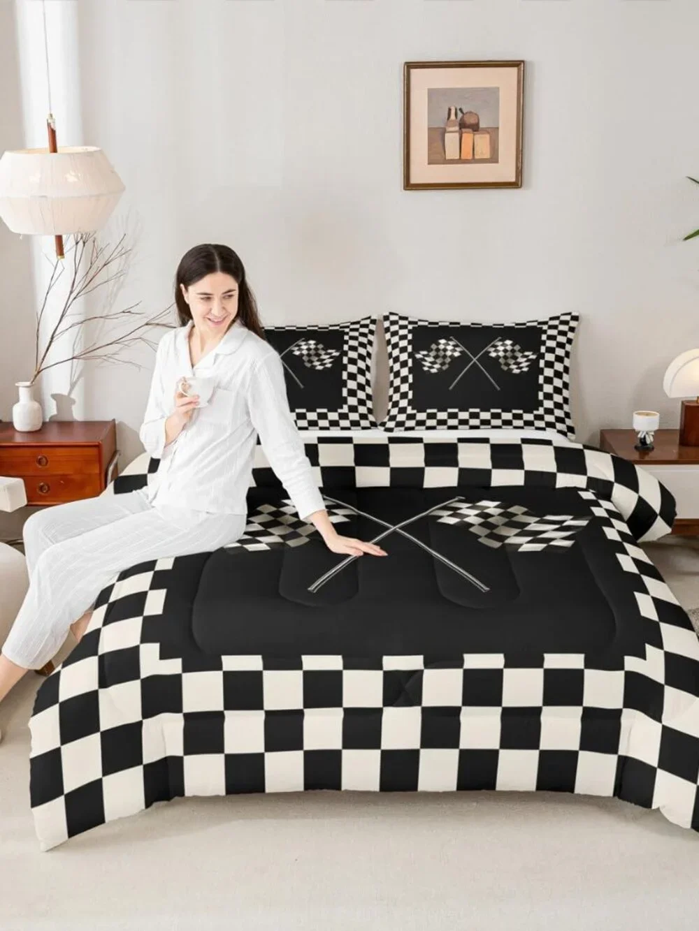 Black White Flag Full Size Comforter Set Geometric Grid Bedding Set for Kids Adu